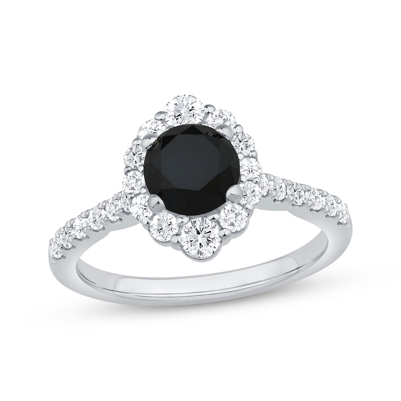 Main Image 1 of Round-Cut Black & White Diamond Halo Engagement Ring 1-5/8 ct tw 10K White Gold