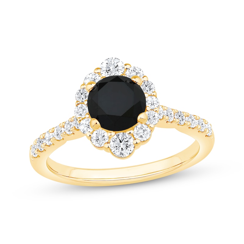 Main Image 1 of Round-Cut Black & White Diamond Halo Engagement Ring 1-5/8 ct tw 10K Yellow Gold