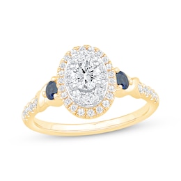 Round-Cut Diamond & Blue Sapphire Oval Halo Engagement Ring 3/4 ct tw 14K Yellow Gold