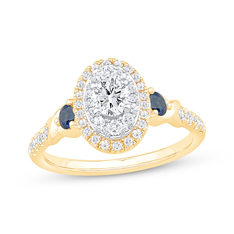 Main Image 1 of Round-Cut Diamond & Blue Sapphire Oval Halo Engagement Ring 3/4 ct tw 14K Yellow Gold