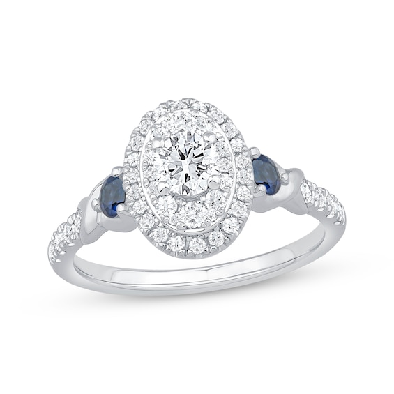 Round-Cut Diamond & Blue Sapphire Oval Halo Engagement Ring 3/4 ct tw 14K White Gold