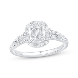 Now + Forever Baguette & Round-Cut Multi-Diamond Halo Engagement Ring 1/2 ct tw 14K White Gold