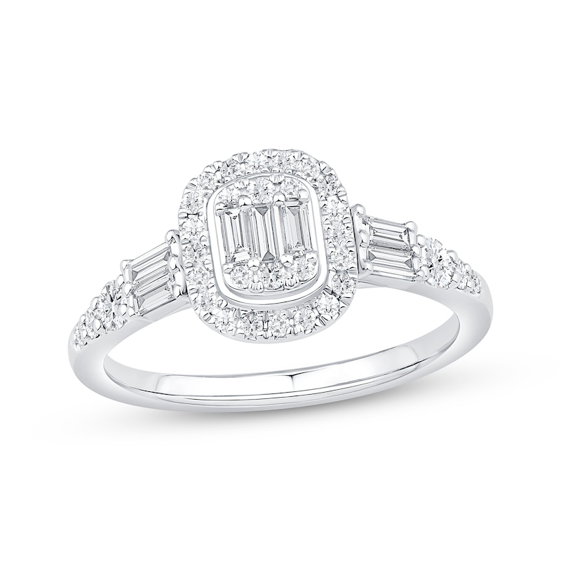 Main Image 1 of Baguette & Round-Cut Multi-Diamond Halo Engagement Ring 1/2 ct tw 14K White Gold