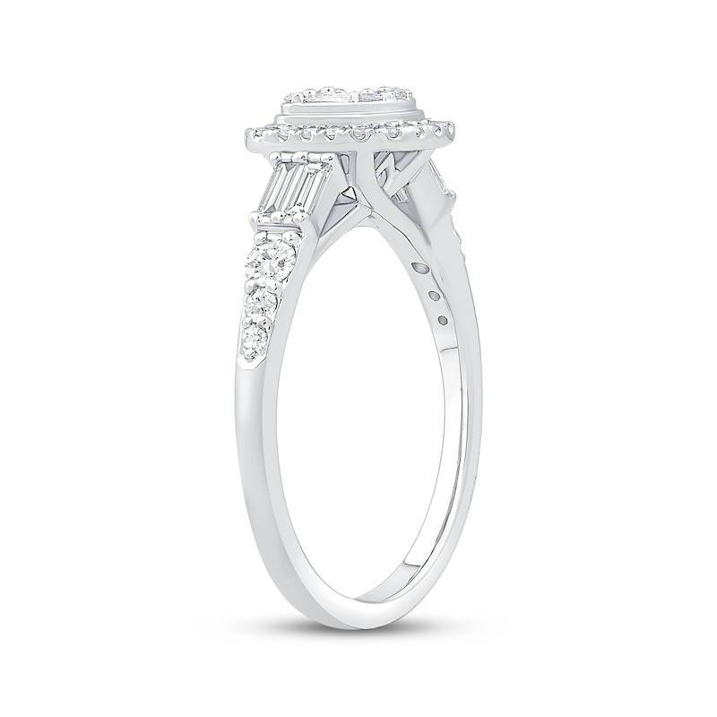 Main Image 2 of Baguette & Round-Cut Multi-Diamond Halo Engagement Ring 1/2 ct tw 14K White Gold