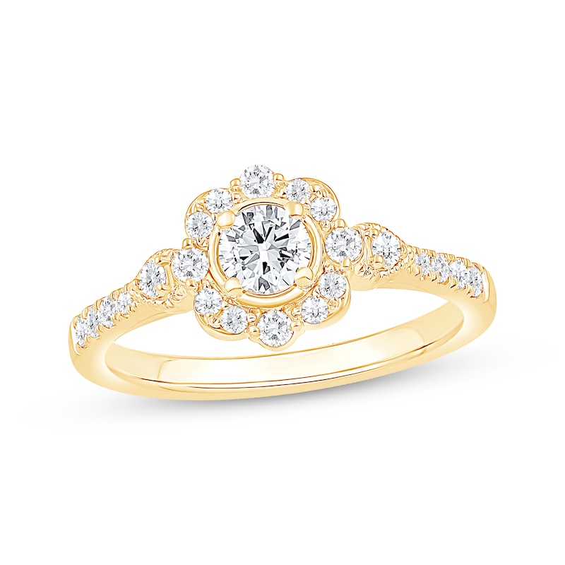 Main Image 1 of Round-Cut Diamond Flower Halo Engagement Ring 5/8 ct tw 14K Yellow Gold