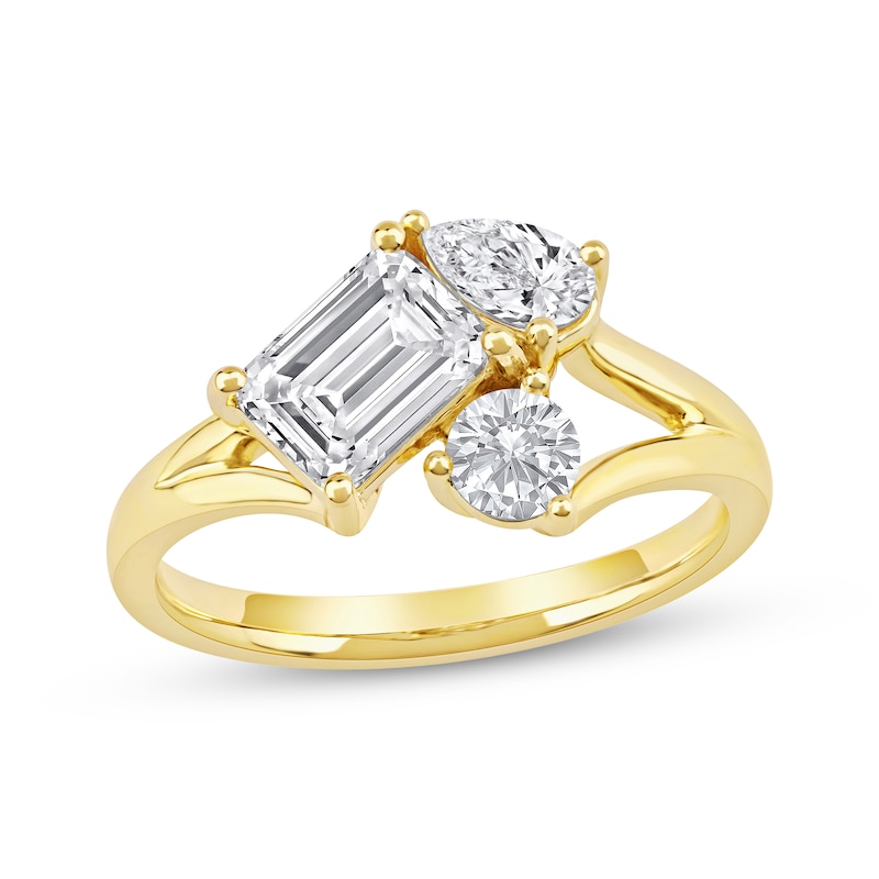 Memories Moments Magic Lab-Grown Diamonds by KAY Emerald, Pear & Round-Cut Three-Stone Engagement Ring 1-1/2 ct tw 14K Yellow Gold