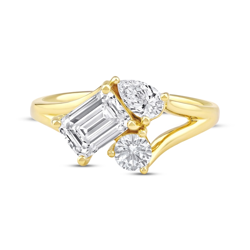 Memories Moments Magic Lab-Grown Diamonds by KAY Emerald, Pear & Round-Cut Three-Stone Engagement Ring 1-1/2 ct tw 14K Yellow Gold