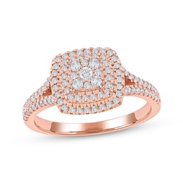 Now + Forever Multi-Diamond Cushion-Shaped Double Halo Engagement Ring 3/8 ct tw 10K Rose Gold