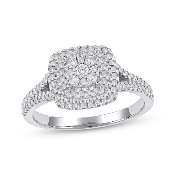 Multi-Diamond Cushion-Shaped Double Halo Engagement Ring 3/8 ct tw 10K White Gold