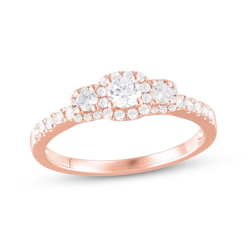 Main Image 1 of Diamond Three-Stone Halo Engagement Ring 1/2 ct tw 14K Rose Gold