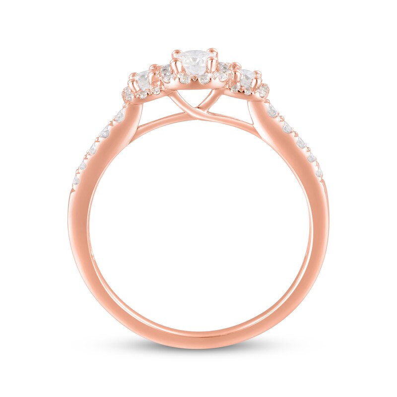 Main Image 3 of Diamond Three-Stone Halo Engagement Ring 1/2 ct tw 14K Rose Gold