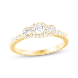 Diamond Three-Stone Halo Engagement Ring 1/2 ct tw 14K Yellow Gold