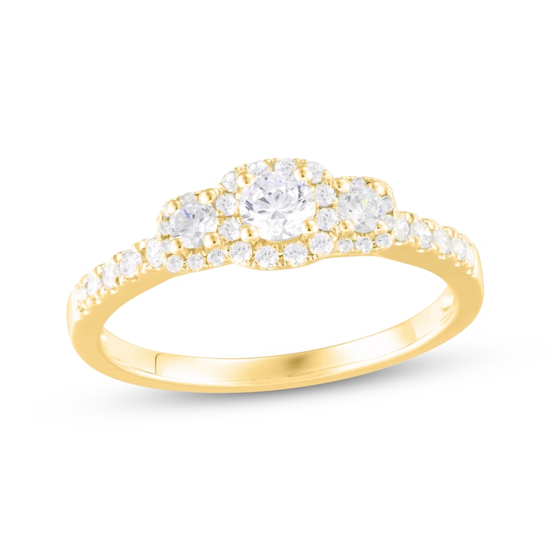 Main Image 1 of Diamond Three-Stone Halo Engagement Ring 1/2 ct tw 14K Yellow Gold