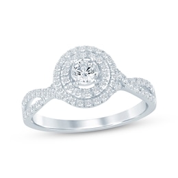 Now + Forever Round-Cut Diamond Double Halo Engagement Ring 1/2 ct tw 10K White Gold