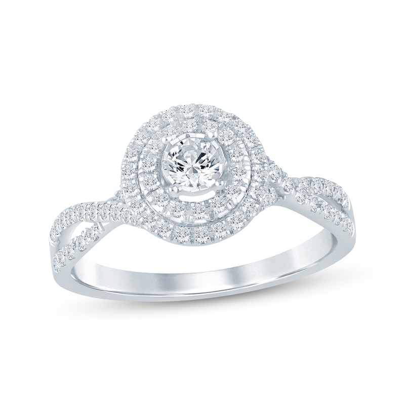 Main Image 1 of Round-Cut Diamond Double Halo Engagement Ring 1/2 ct tw 10K White Gold