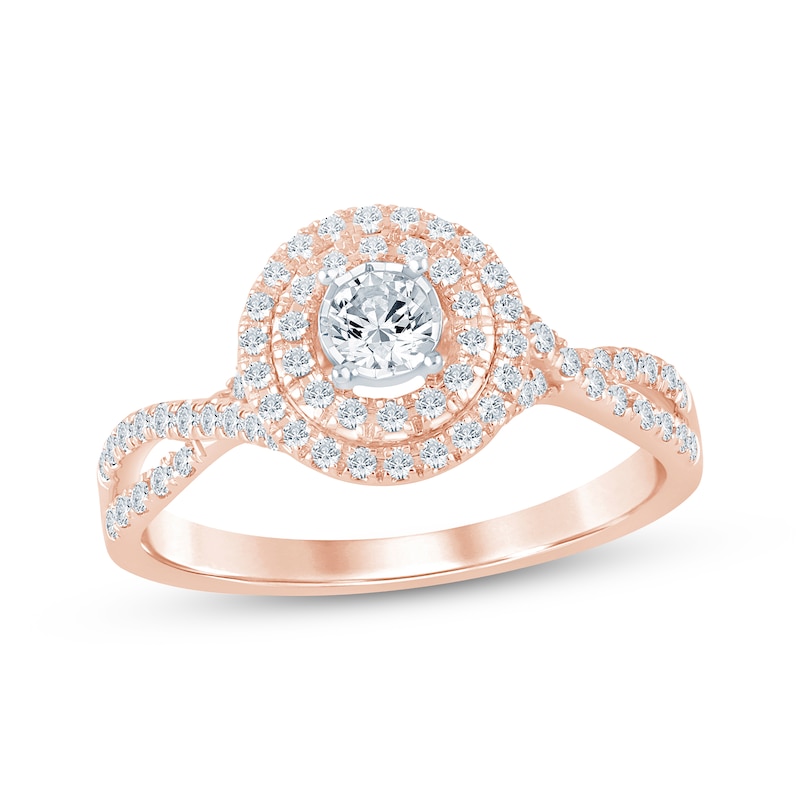 Main Image 1 of Round-Cut Diamond Double Halo Engagement Ring 1/2 ct tw 10K Rose Gold