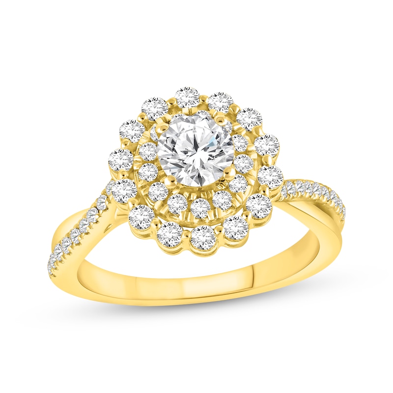 Main Image 1 of Round-Cut Diamond Starburst Halo Engagement Ring 1-1/4 ct tw 14K Yellow Gold