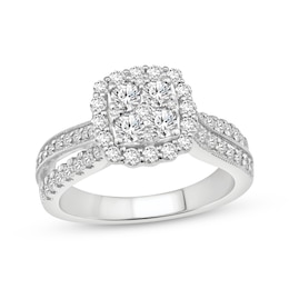 Multi-Diamond Cushion Halo Engagement Ring 1 ct tw 14K White Gold