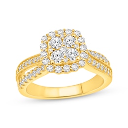 Now + Forever Multi-Diamond Cushion Halo Engagement Ring 1 ct tw 14K Yellow Gold