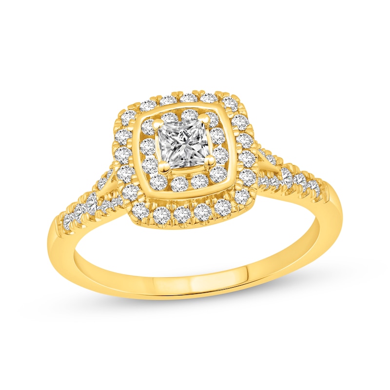 Main Image 1 of Princess-Cut Diamond Double Cushion Halo Engagement Ring 5/8 ct tw 14K Yellow Gold