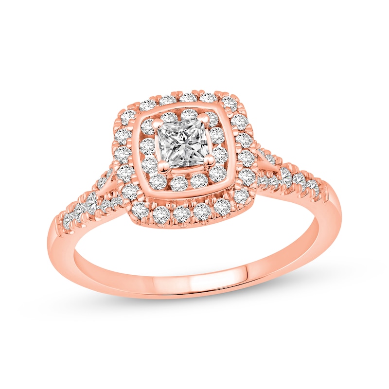 Main Image 1 of Princess-Cut Diamond Double Cushion Halo Engagement Ring 5/8 ct tw 14K Rose Gold