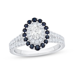 Oval-Cut Diamond & Blue Sapphire Double Halo Engagement Ring 5/8 ct tw 14K White Gold