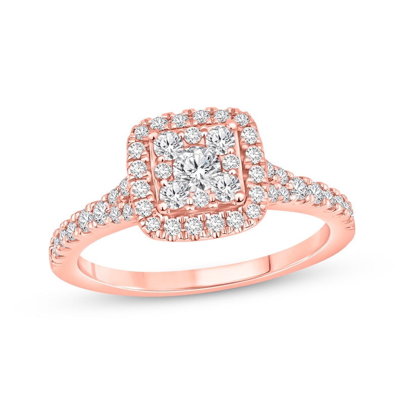 Main Image 1 of Multi-Diamond Center Cushion Halo Engagement Ring 3/4 ct tw 10K Rose Gold