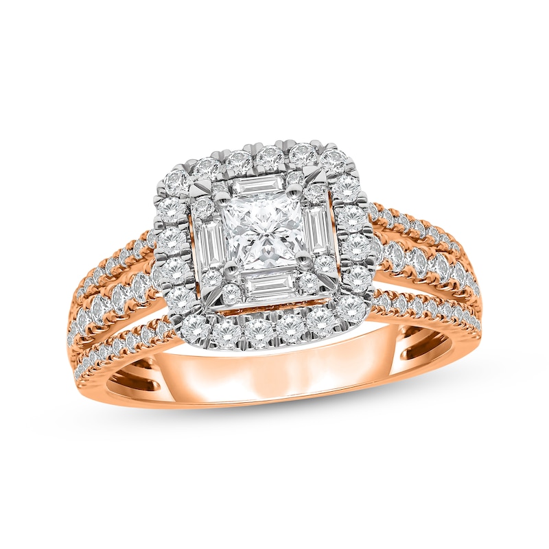 Main Image 1 of Princess-Cut Diamond Cushion Halo Engagement Ring 1-1/4 ct tw 14K Rose Gold