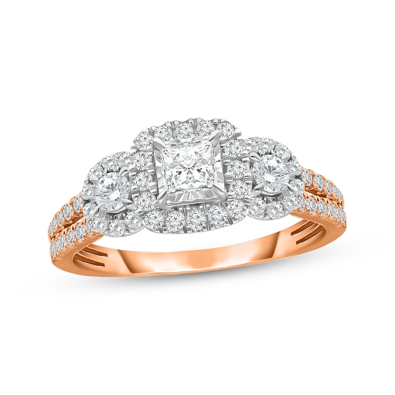 Main Image 1 of Memories Moments Magic Princess-Cut Diamond Three-Stone Halo Engagement Ring 1 ct tw 14K Rose Gold