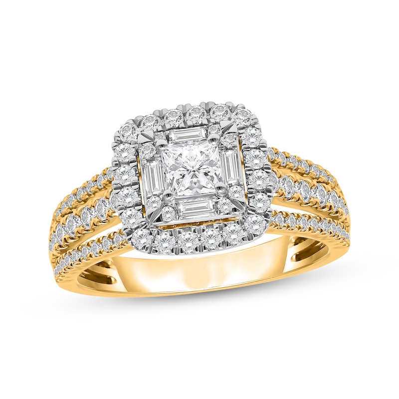 Main Image 1 of Princess-Cut Diamond Cushion Halo Engagement Ring 1-1/4 ct tw 14K Yellow Gold