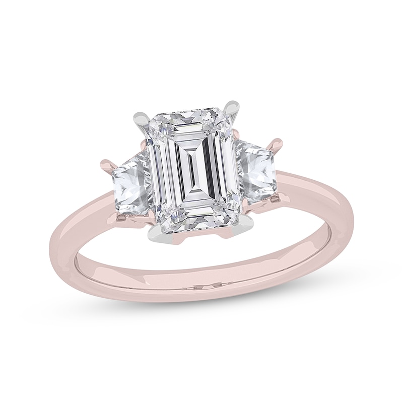 Main Image 1 of Lab-Grown Diamonds by KAY Emerald & Trapezoid-Cut Three-Stone Engagement Ring 4-1/6 ct tw 14K Rose Gold