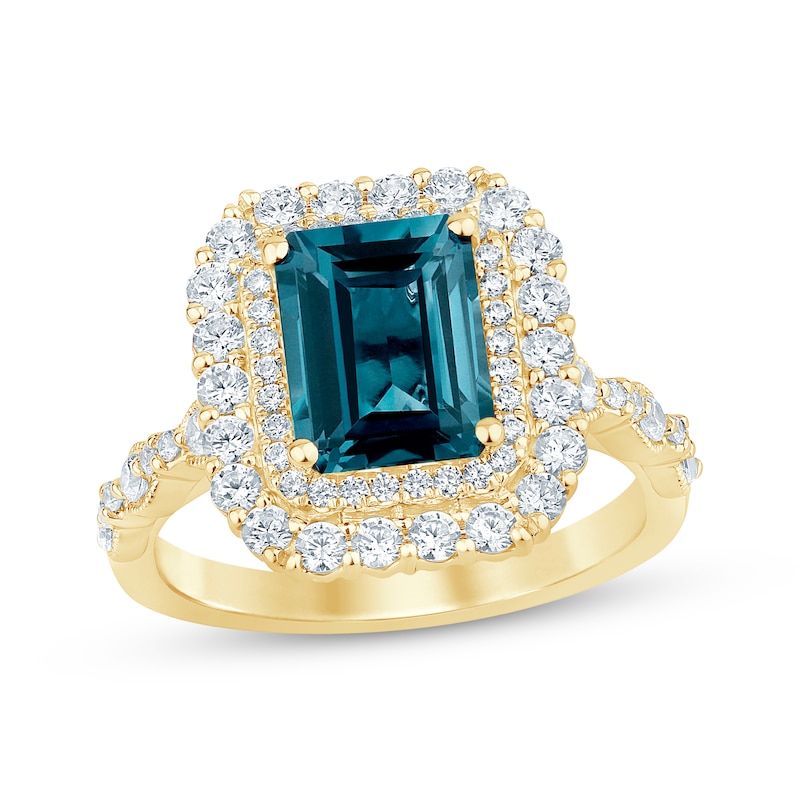 Octagon-Cut London Blue Topaz & Diamond Double Halo Engagement Ring 7/8 ct tw 14K Yellow Gold