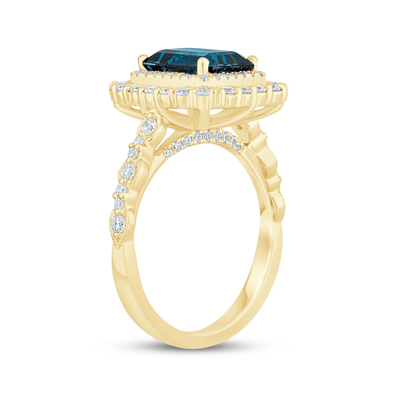 Octagon-Cut London Blue Topaz & Diamond Double Halo Engagement Ring 7/8 ct tw 14K Yellow Gold