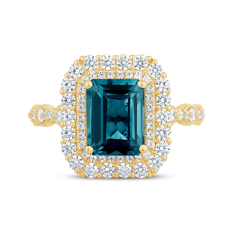 Octagon-Cut London Blue Topaz & Diamond Double Halo Engagement Ring 7/8 ct tw 14K Yellow Gold