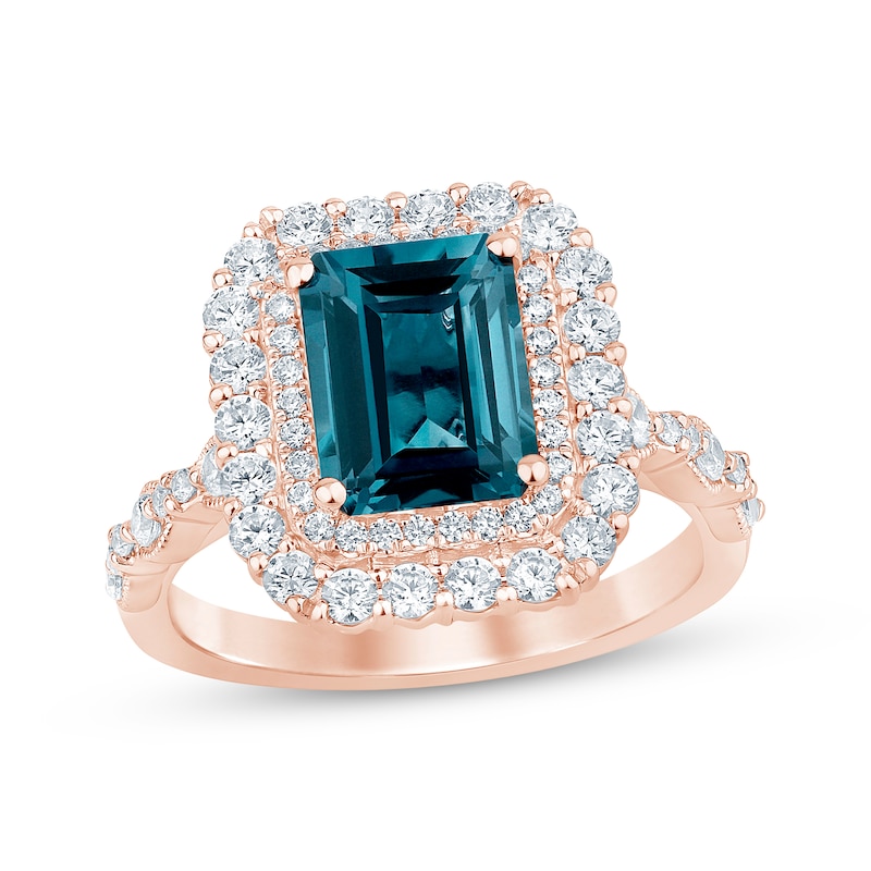 Octagon-Cut London Blue Topaz & Diamond Double Halo Engagement Ring 7/8 ct tw 14K Rose Gold