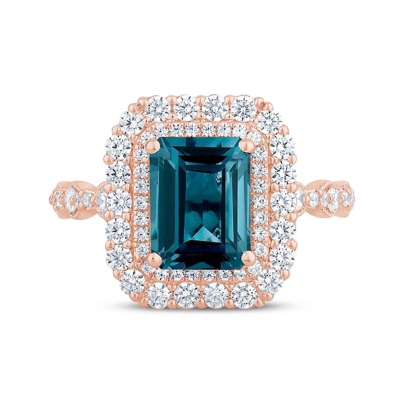 Octagon-Cut London Blue Topaz & Diamond Double Halo Engagement Ring 7/8 ct tw 14K Rose Gold