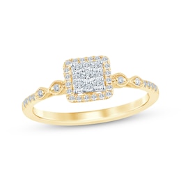 Now + Forever Multi-Diamond Center Square Halo Engagement Ring 1/4 ct tw 10K Yellow Gold