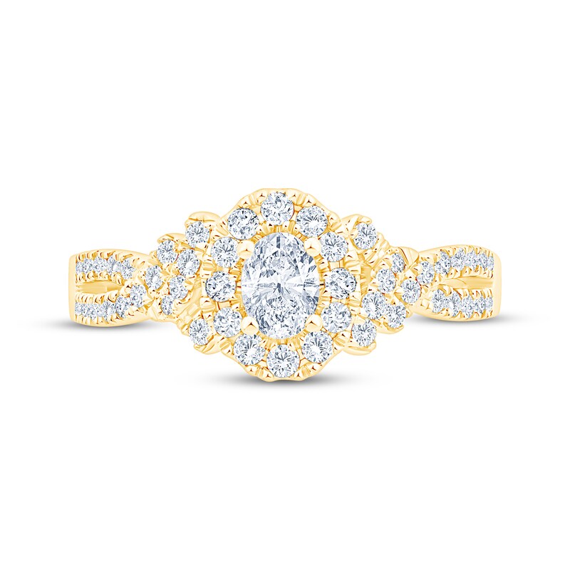 Main Image 3 of Oval-Cut Diamond Halo Engagement Ring 3/4 ct tw 14K Yellow Gold