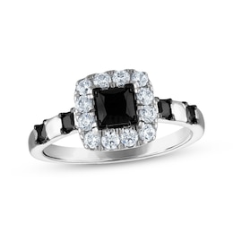 Now + Forever Princess-Cut Black Diamond & White Diamond Halo Engagement Ring 1-1/5 ct tw 14K White Gold