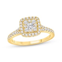 Multi-Diamond Cushion-Shaped Halo Engagement Ring 3/4 ct tw 10K Yellow Gold