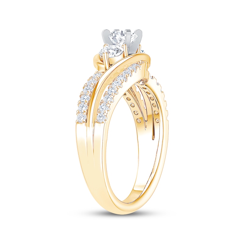 Main Image 2 of Memories Moments Magic Round-Cut Diamond Three-Stone Bypass Engagement Ring 7/8 ct tw 14K Yellow Gold