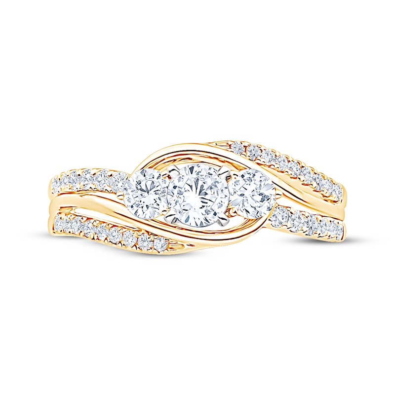 Main Image 3 of Memories Moments Magic Round-Cut Diamond Three-Stone Bypass Engagement Ring 7/8 ct tw 14K Yellow Gold