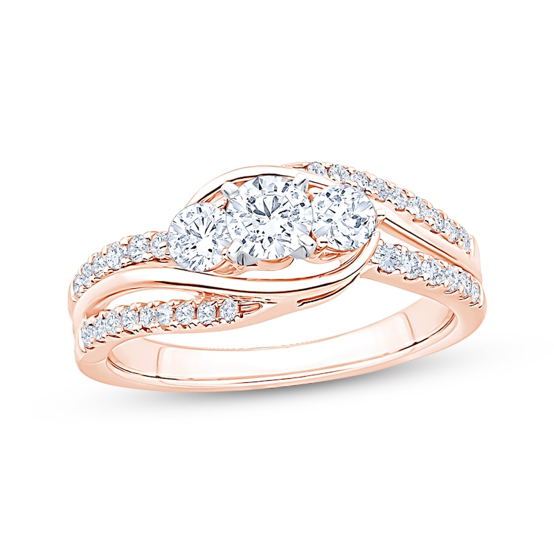 Main Image 1 of Memories Moments Magic Round-Cut Diamond Three-Stone Bypass Engagement Ring 7/8 ct tw 14K Rose Gold