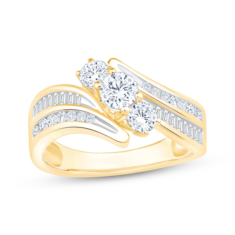 Main Image 1 of Memories Moments Magic Round-Cut Diamond Three-Stone Bypass Engagement Ring 1 ct tw 14K Yellow Gold