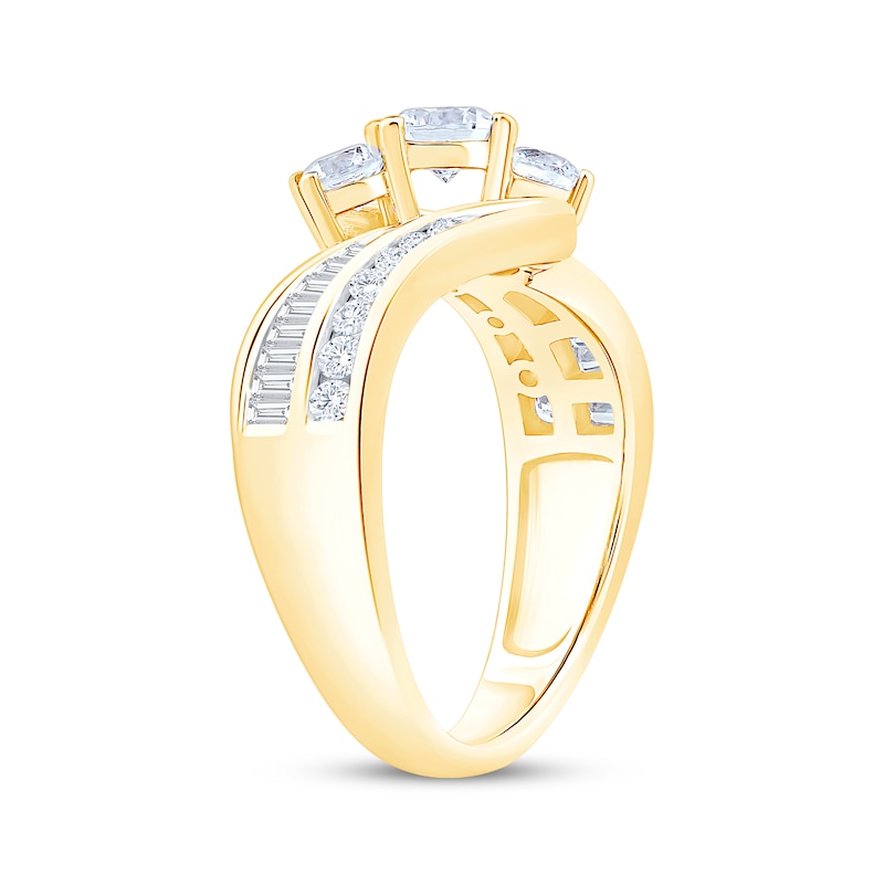 Main Image 2 of Memories Moments Magic Round-Cut Diamond Three-Stone Bypass Engagement Ring 1 ct tw 14K Yellow Gold