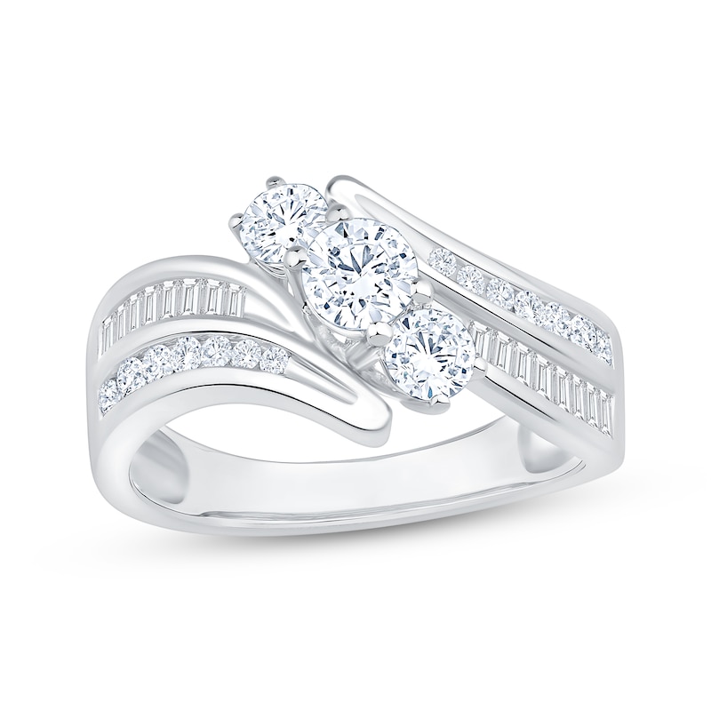 Main Image 1 of Memories Moments Magic Round-Cut Diamond Three-Stone Bypass Engagement Ring 1 ct tw 14K White Gold