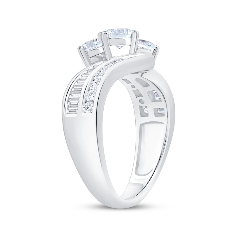 Main Image 2 of Memories Moments Magic Round-Cut Diamond Three-Stone Bypass Engagement Ring 1 ct tw 14K White Gold