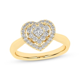 Now + Forever Princess & Round-Cut Multi-Diamond Center Heart-Shaped Halo Engagement Ring 1/2 ct tw 10K Yellow Gold