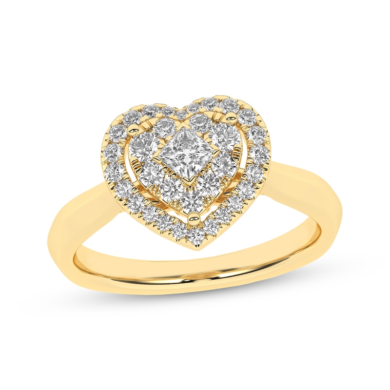 Main Image 1 of Princess & Round-Cut Multi-Diamond Center Heart-Shaped Halo Engagement Ring 1/2 ct tw 10K Yellow Gold