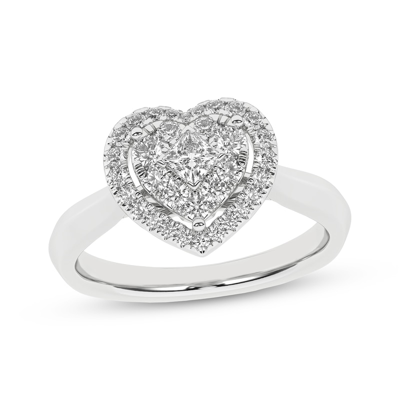 Main Image 1 of Princess & Round-Cut Multi-Diamond Heart-Shaped Halo Engagement Ring 1/2 ct tw 10K White Gold